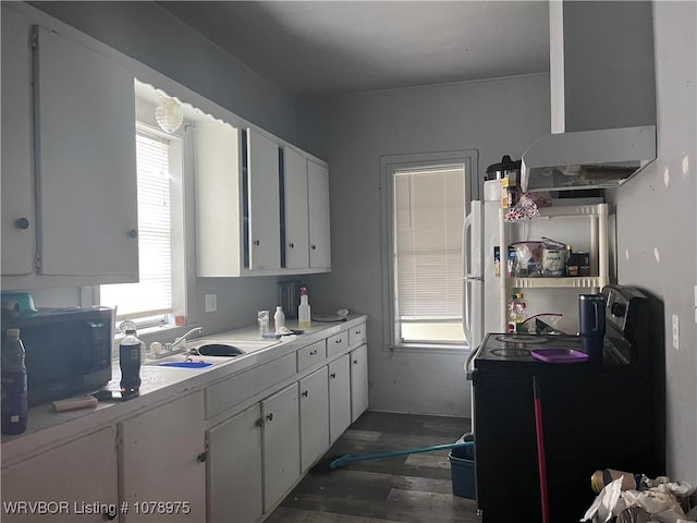 436 N Pine St, Waldron, AR 72958 - kitchen with dark wood-style flooring, a sink, white cabinetry, light countertops, and wall chimney exhaust hood