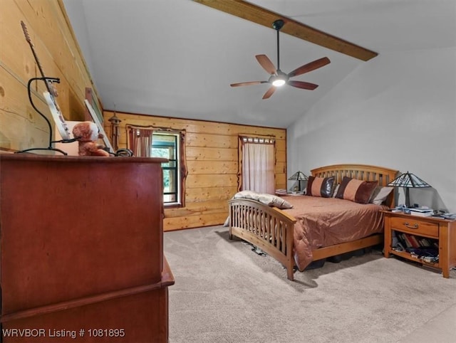 161129 N 4550th Rd, Talihina, OK 74571 - carpeted bedroom with wood walls and a ceiling fan