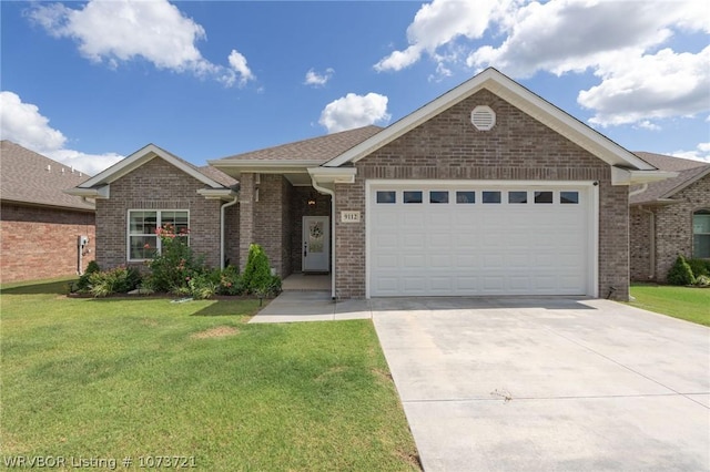 ranch-style home featuring a front yard and a garage