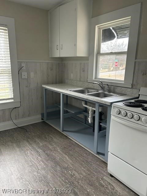 kitchen with white cabinetry, white range, wood-type flooring, and sink