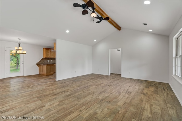 8601 Corona Ct, Uniontown, AR 72955 - unfurnished living room featuring a chandelier, recessed lighting, light wood finished floors, a ceiling fan, and baseboards