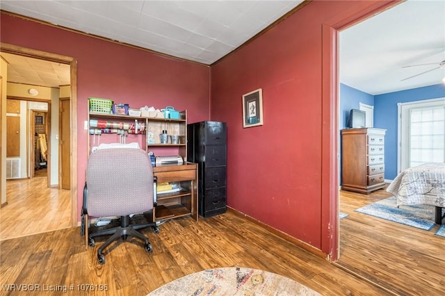 office space with hardwood / wood-style flooring and ceiling fan