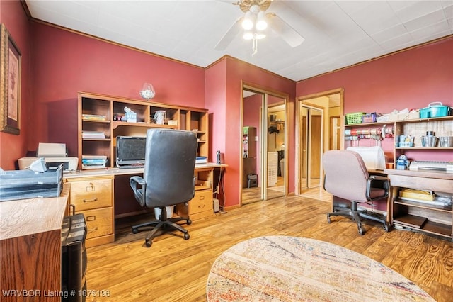 office featuring ceiling fan and light wood-type flooring