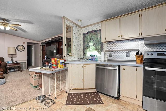 kitchen with a textured ceiling, stainless steel appliances, extractor fan, and ceiling fan