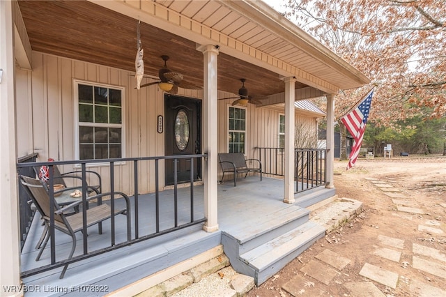 exterior space featuring covered porch and ceiling fan