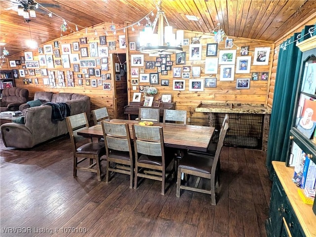 dining space with lofted ceiling, wooden ceiling, wood-type flooring, and a ceiling fan