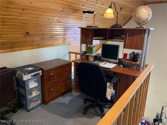 office space with carpet flooring, wood ceiling, and lofted ceiling