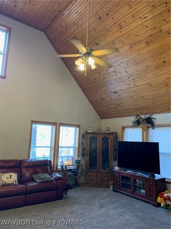 living room featuring carpet flooring, ceiling fan, high vaulted ceiling, and wood ceiling