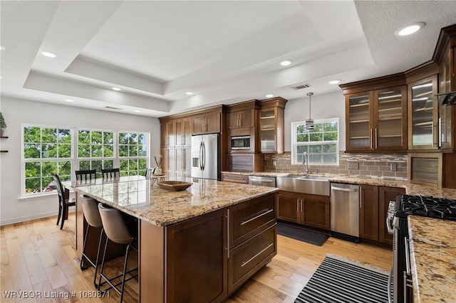 kitchen with appliances with stainless steel finishes, a tray ceiling, a sink, a kitchen island, and recessed lighting