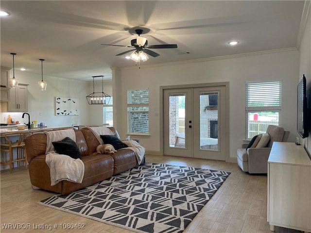 9121 Wayne Xing, Fort Smith, AR 72916 - living area featuring a ceiling fan, light wood-type flooring, crown molding, french doors, and recessed lighting