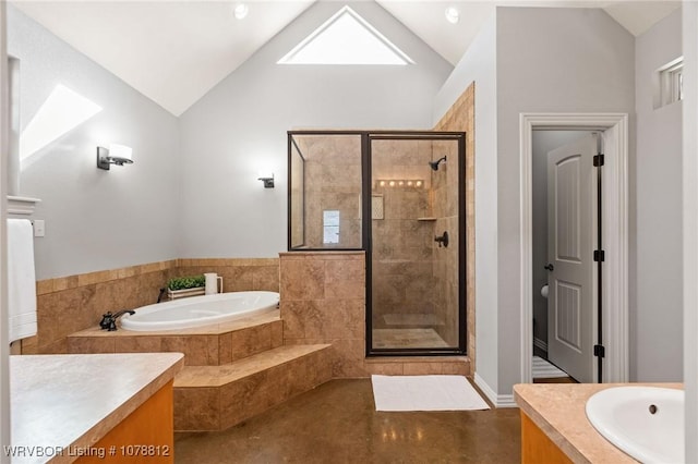 bathroom featuring lofted ceiling, plus walk in shower, and vanity