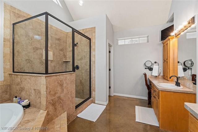 bathroom with vanity, shower with separate bathtub, concrete flooring, and vaulted ceiling