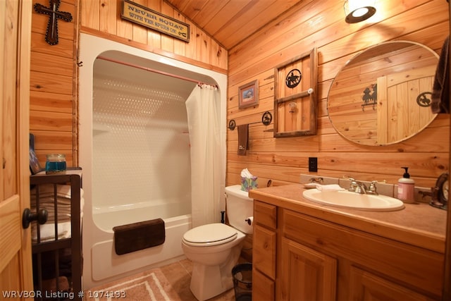 full bathroom with lofted ceiling, wooden ceiling, wooden walls, toilet, and shower / tub combo