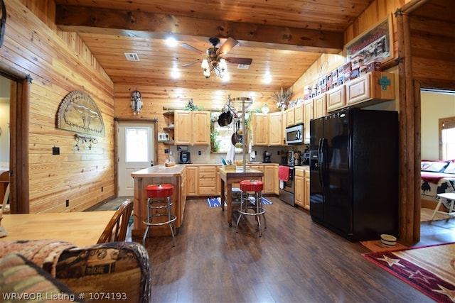 kitchen with light brown cabinets, dark wood-type flooring, wooden ceiling, wooden walls, and appliances with stainless steel finishes