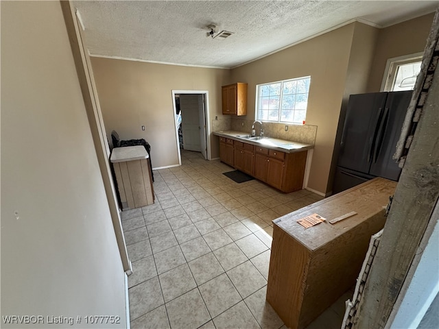 1216 N 13th St, Fort Smith, AR 72901 - kitchen featuring crown molding, sink, a textured ceiling, fridge, and light tile patterned flooring
