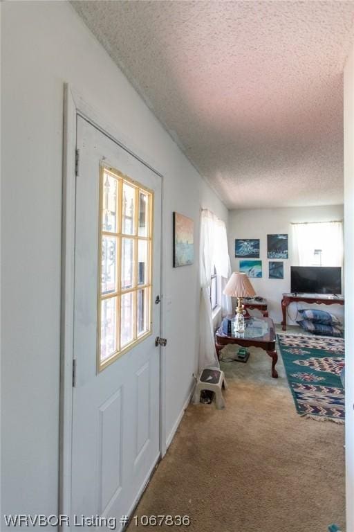 doorway with carpet flooring and a textured ceiling