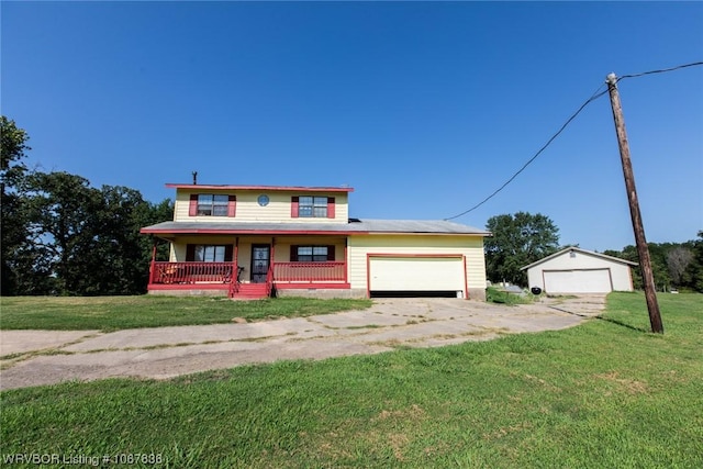 view of front of home with covered porch and a front lawn