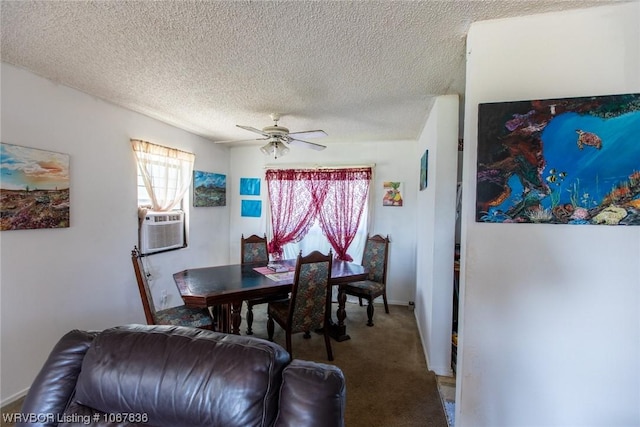 carpeted dining area with a textured ceiling, ceiling fan, and cooling unit