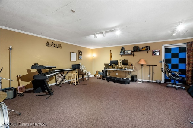 exercise room with baseboards, carpet floors, track lighting, and crown molding