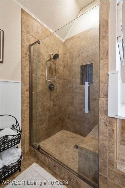 full bathroom featuring a stall shower, a wainscoted wall, and vaulted ceiling