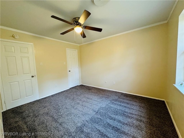 unfurnished bedroom featuring carpet flooring, ceiling fan, and ornamental molding