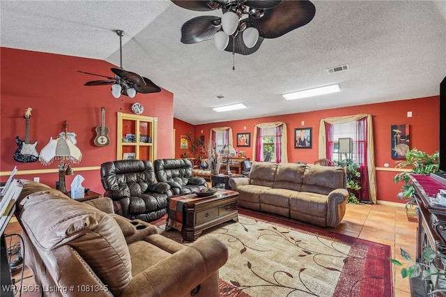 461510 E 1130th Rd, Sallisaw, OK 74955 - tiled living room featuring ceiling fan, vaulted ceiling, and a textured ceiling