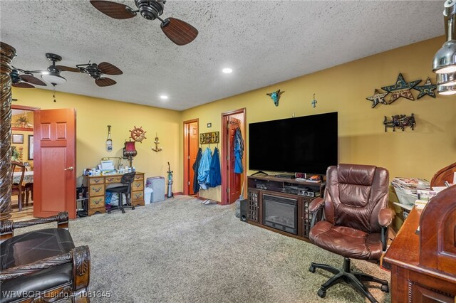 461510 E 1130th Rd, Sallisaw, OK 74955 - office area featuring a ceiling fan, carpet floors, a textured ceiling, and recessed lighting