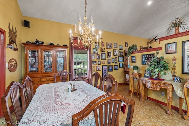 461510 E 1130th Rd, Sallisaw, OK 74955 - dining space featuring a chandelier, a textured ceiling, light tile patterned floors, baseboards, and vaulted ceiling
