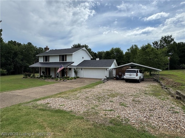 1721 Armistead Rd, Fort Smith, AR 72916 - view of front of home featuring driveway, a detached carport, a front lawn, a chimney, and a porch