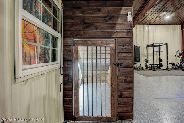 interior space with wooden walls