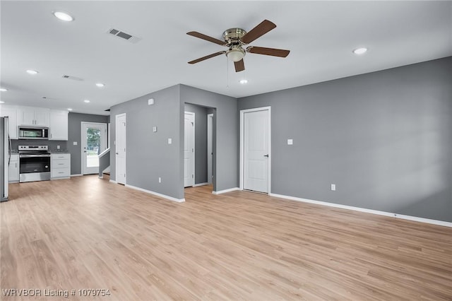 152 Maplewood Loop, Charleston, AR 72933 - unfurnished living room featuring visible vents, a ceiling fan, recessed lighting, light wood-style floors, and baseboards