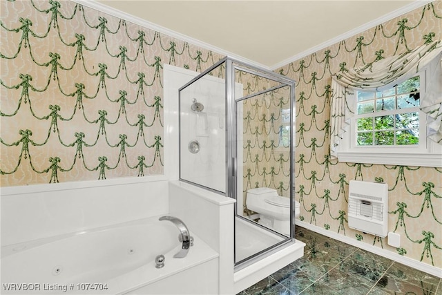 bathroom featuring tile patterned flooring, heating unit, toilet, ornamental molding, and independent shower and bath