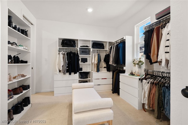 walk in closet with light colored carpet