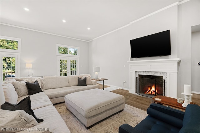 living room featuring a wealth of natural light, a fireplace, light hardwood / wood-style floors, and ornamental molding