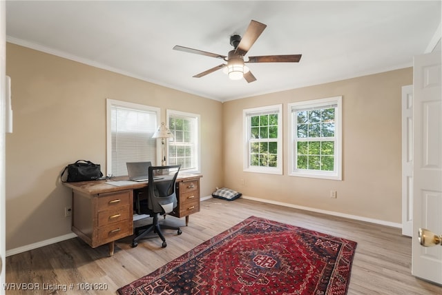 1501 S R St, Fort Smith, AR 72901 - home office with light wood-type flooring, ceiling fan, baseboards, and ornamental molding