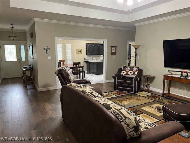 1610 Tiger Lily Ct, Greenwood, AR 72936 - living room with dark wood-style flooring, crown molding, and a tray ceiling