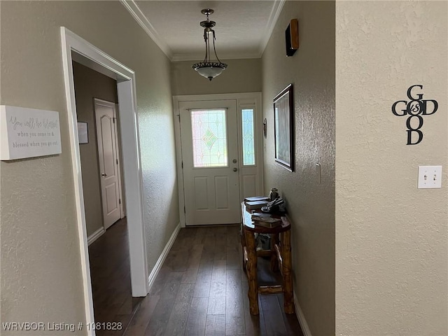 1610 Tiger Lily Ct, Greenwood, AR 72936 - doorway to outside with a textured wall, dark wood finished floors, and crown molding