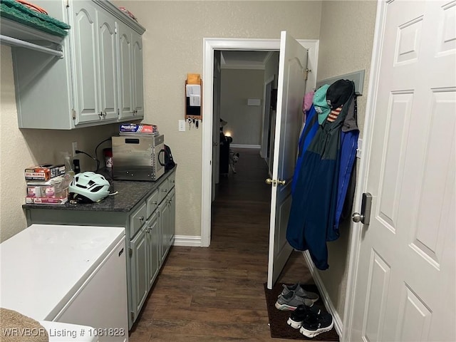 1610 Tiger Lily Ct, Greenwood, AR 72936 - kitchen with dark wood-style floors, gray cabinets, fridge, a textured wall, and dark countertops
