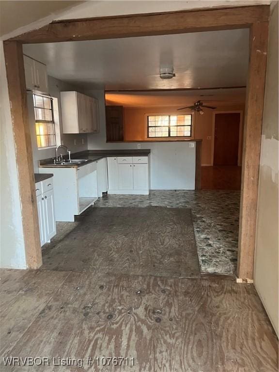 kitchen featuring white cabinetry, sink, and ceiling fan