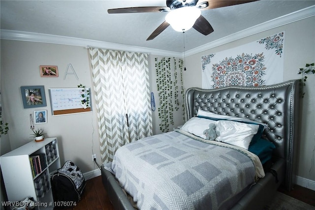 bedroom featuring crown molding, ceiling fan, and dark hardwood / wood-style flooring