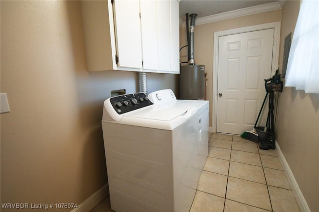 clothes washing area with gas water heater, light tile patterned flooring, cabinets, ornamental molding, and washing machine and dryer