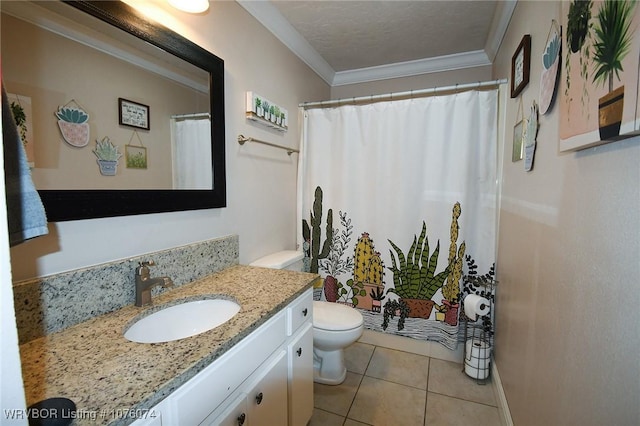 bathroom featuring tile patterned floors, toilet, ornamental molding, vanity, and curtained shower