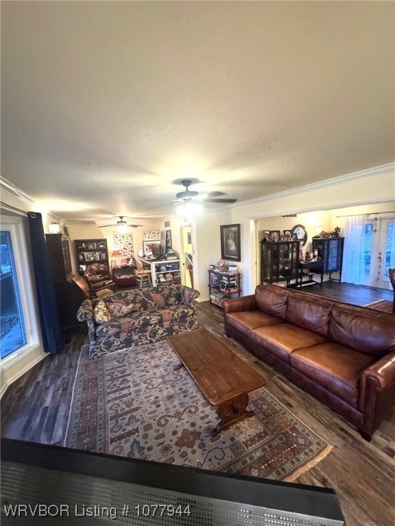 living room featuring hardwood / wood-style floors and ceiling fan