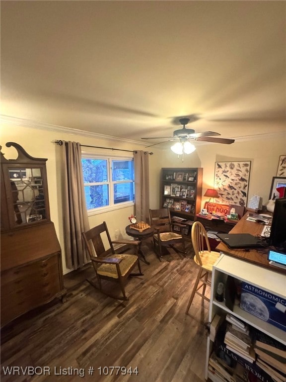 interior space with dark hardwood / wood-style flooring, ceiling fan, and crown molding