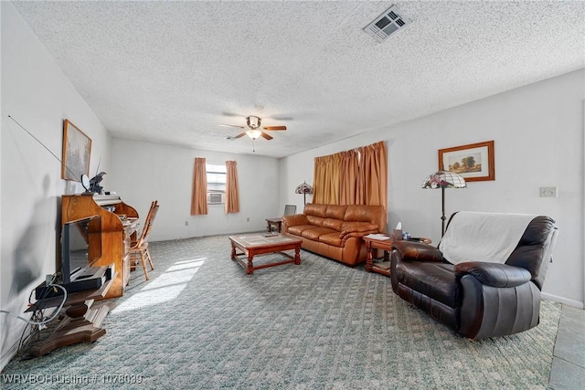 469517 E 1060th Rd, Muldrow, OK 74948 - living area featuring a ceiling fan, a textured ceiling, visible vents, and carpet