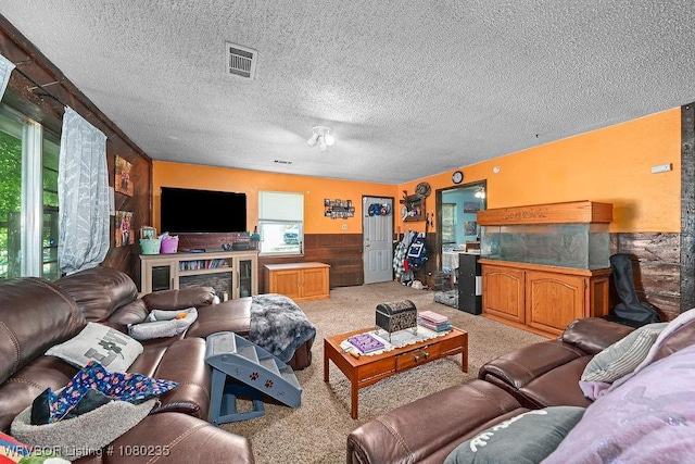5914 Asa Craig Rd, Greenwood, AR 72936 - carpeted living area with visible vents, a textured ceiling, and a wainscoted wall