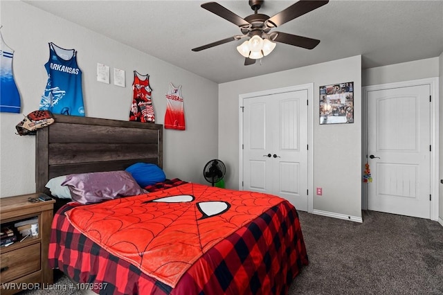 bedroom featuring a closet, carpet flooring, and a ceiling fan