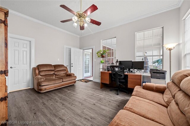 1318 Taos Dr, Van Buren, AR 72956 - office featuring ceiling fan, wood finished floors, and ornamental molding