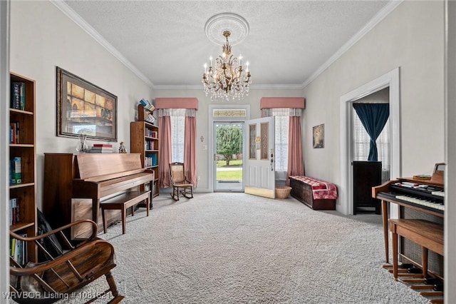 1318 Taos Dr, Van Buren, AR 72956 - living area featuring carpet floors, a chandelier, crown molding, and a textured ceiling