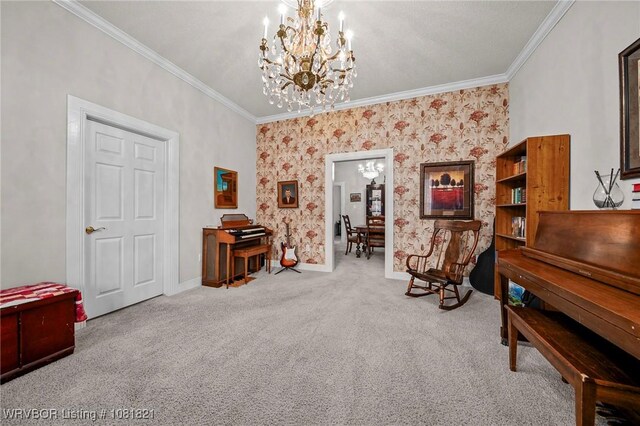 1318 Taos Dr, Van Buren, AR 72956 - sitting room featuring a chandelier, crown molding, carpet flooring, and wallpapered walls